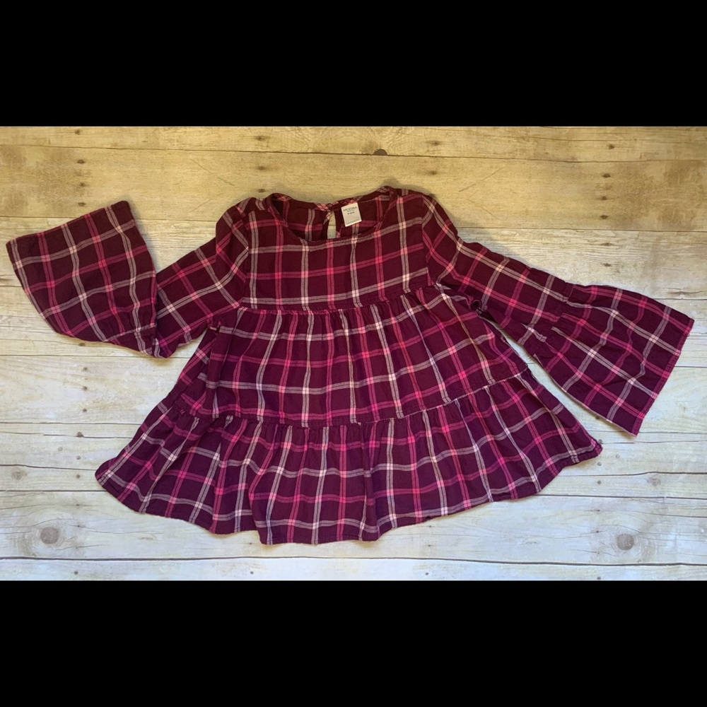 Burgundy plaid blouse with bell sleeves